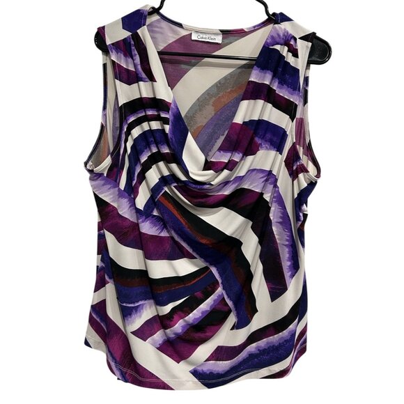 Calvin Klein Sleeveless Cowl Neck Top Purple Black White Abstract Print Size M - Picture 1 of 8